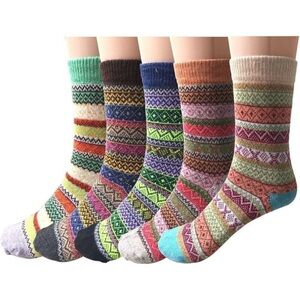 ✨ New Wool Socks Women Blue 5 Pairs Vintage Soft Cabin Thick Knit Cozy Socks